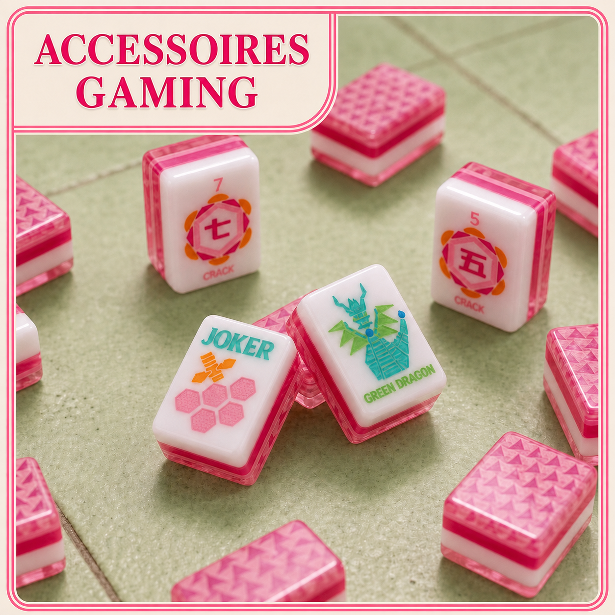 Pink American Mahjong Set | Premium Acrylic Tiles | Geometric Back Design | Kawaii & Gaming Style | Board Game Gift