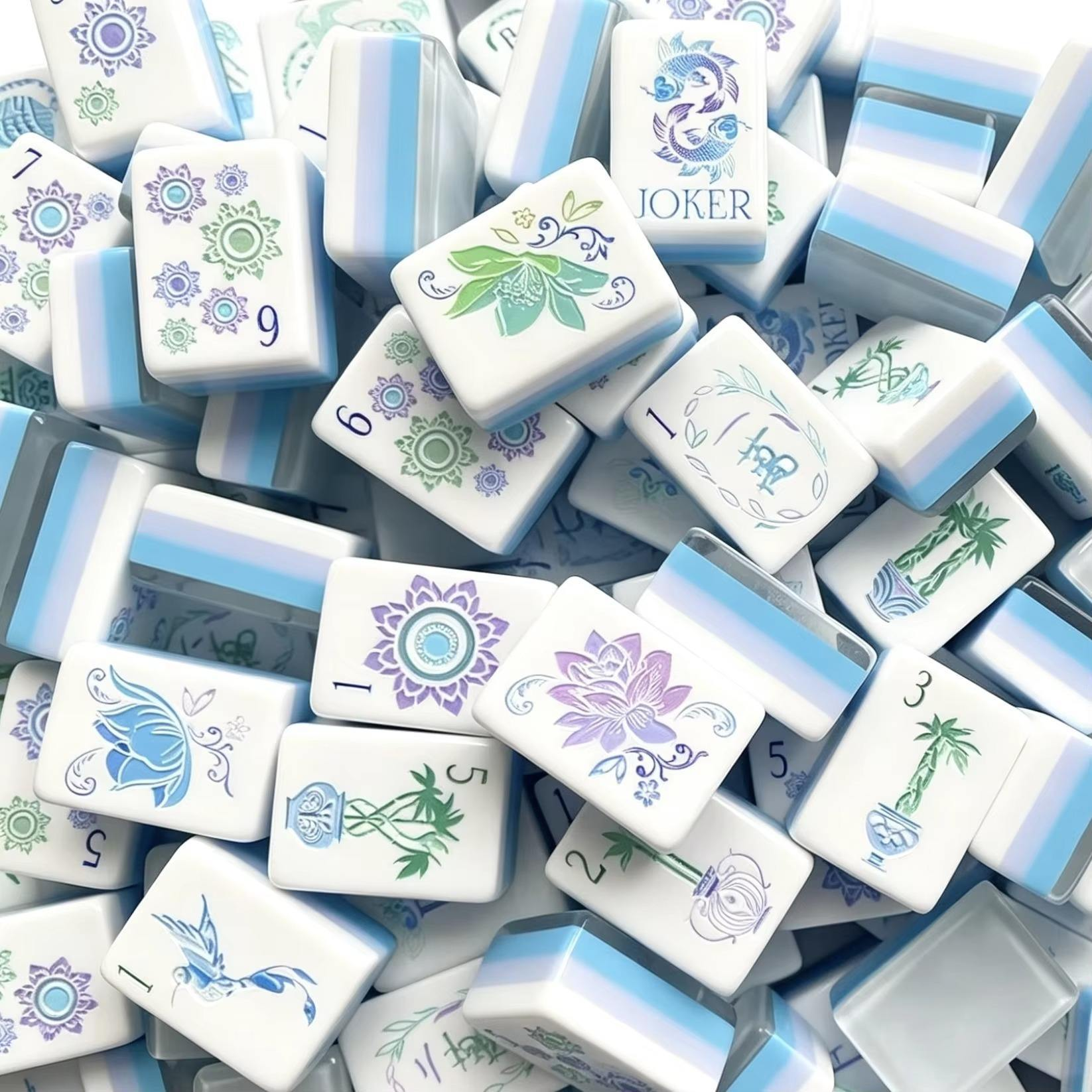 Pastel Blue American Mahjong Set | 160 Premium Acrylic Tiles | Floral & Bamboo Designs | Elegant Design | Board Game Gift